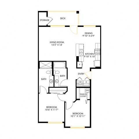 Floor plan for 2 beds, 2 baths, 970 sqft